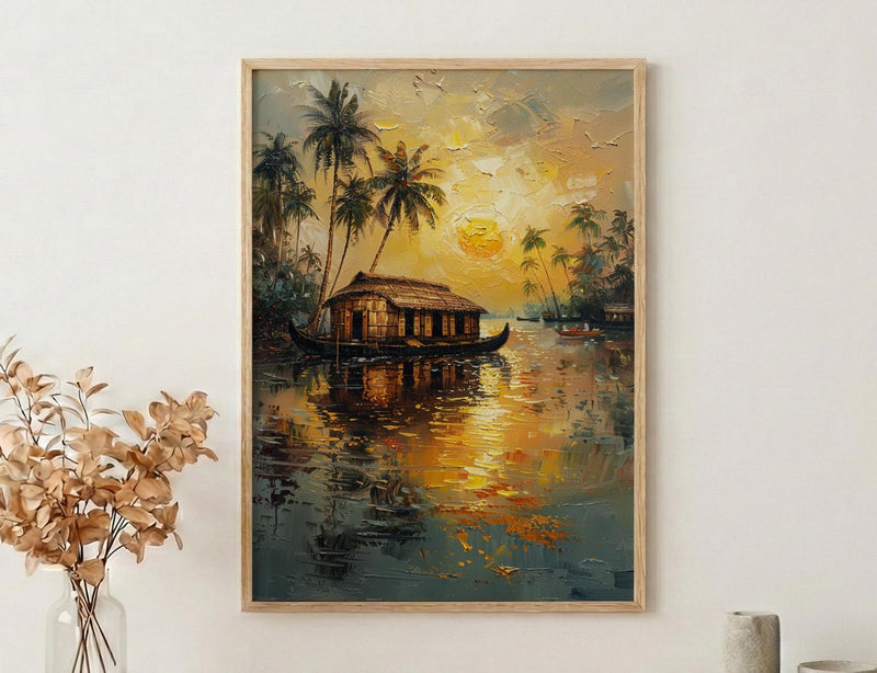 Kerala Houseboat Oil Painting Poster, India Backwaters Art Print, Tropical River Landscape, Sunset Boat Wall Art, Impasto Style Decor
