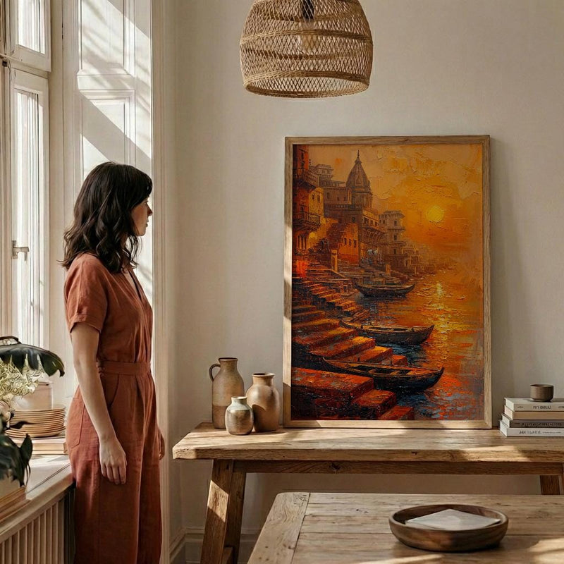 Varanasi Ganges River Oil Painting Poster, India Ghats Art Print, Holy City Sunset Wall Art, Spiritual Travel Decor, Impasto Style Print