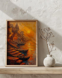 Varanasi Ganges River Oil Painting Poster, India Ghats Art Print, Holy City Sunset Wall Art, Spiritual Travel Decor, Impasto Style Print