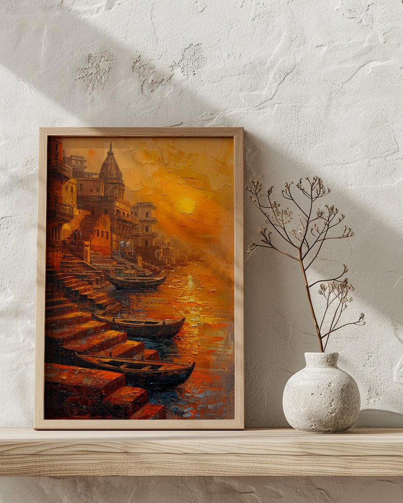 Varanasi Ganges River Oil Painting Poster, India Ghats Art Print, Holy City Sunset Wall Art, Spiritual Travel Decor, Impasto Style Print