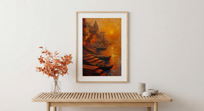 Varanasi Ganges River Oil Painting Poster, India Ghats Art Print, Holy City Sunset Wall Art, Spiritual Travel Decor, Impasto Style Print