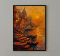 Varanasi Ganges River Oil Painting Poster, India Ghats Art Print, Holy City Sunset Wall Art, Spiritual Travel Decor, Impasto Style Print