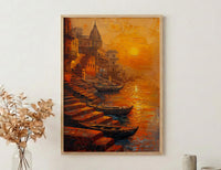 Varanasi Ganges River Oil Painting Poster, India Ghats Art Print, Holy City Sunset Wall Art, Spiritual Travel Decor, Impasto Style Print