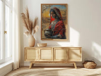 Indian Woman Red Sari Oil Painting Poster, Desert Sunset Art Print, Traditional Jewelry & Pot, Cultural India Wall Art, Impasto Print