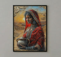 Indian Woman Red Sari Oil Painting Poster, Desert Sunset Art Print, Traditional Jewelry & Pot, Cultural India Wall Art, Impasto Print