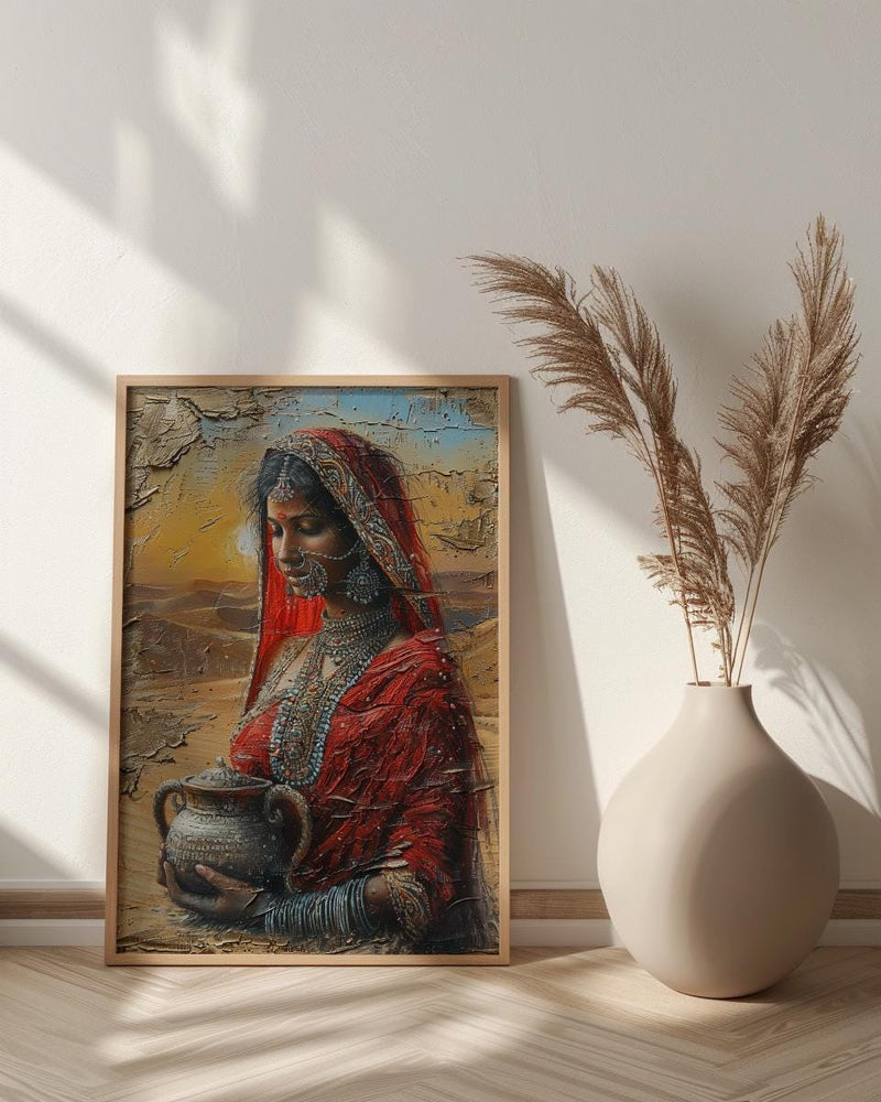 Indian Woman Red Sari Oil Painting Poster, Desert Sunset Art Print, Traditional Jewelry & Pot, Cultural India Wall Art, Impasto Print
