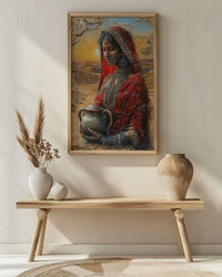Indian Woman Red Sari Oil Painting Poster, Desert Sunset Art Print, Traditional Jewelry & Pot, Cultural India Wall Art, Impasto Print