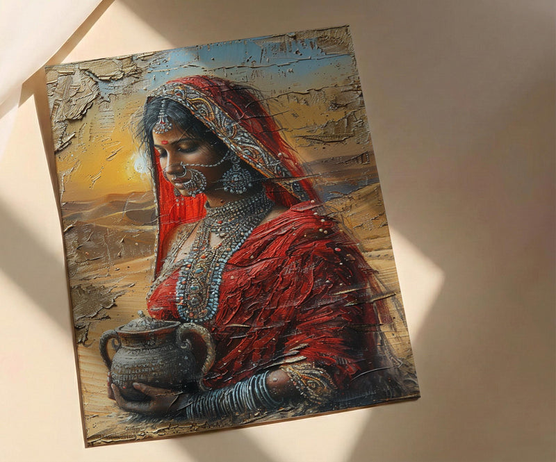 Indian Woman Red Sari Oil Painting Poster, Desert Sunset Art Print, Traditional Jewelry & Pot, Cultural India Wall Art, Impasto Print
