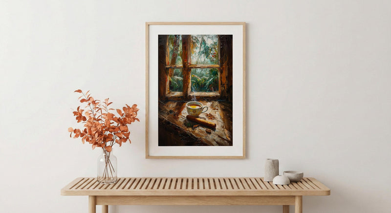 Havana Cuba Oil Painting Poster, Coffee and Cigar Art Print, Nostalgic Caribbean Window Wall Art, Tropical Rustic Decor, Impasto Still Life