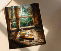 Havana Cuba Oil Painting Poster, Coffee and Cigar Art Print, Nostalgic Caribbean Window Wall Art, Tropical Rustic Decor, Impasto Still Life