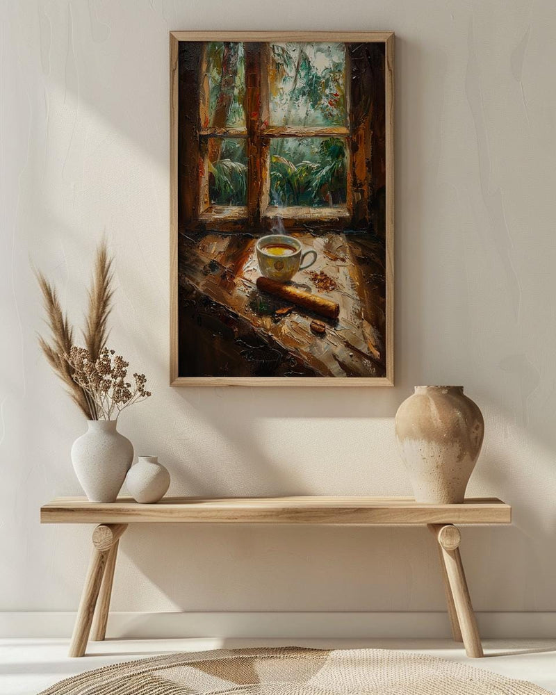 Havana Cuba Oil Painting Poster, Coffee and Cigar Art Print, Nostalgic Caribbean Window Wall Art, Tropical Rustic Decor, Impasto Still Life
