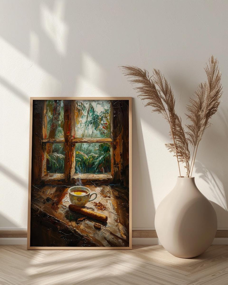 Havana Cuba Oil Painting Poster, Coffee and Cigar Art Print, Nostalgic Caribbean Window Wall Art, Tropical Rustic Decor, Impasto Still Life