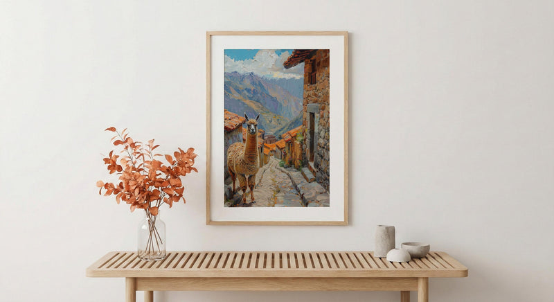 Peru Andes Mountains Oil Painting Poster, Alpaca Llama Art Print, Incan Village Wall Art, South America Decor, Impasto Landscape