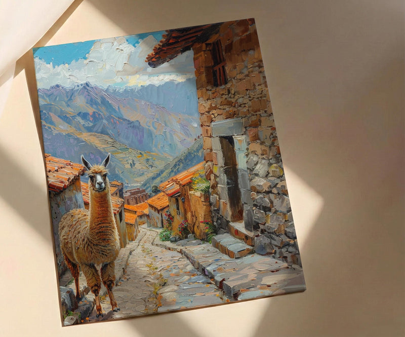 Peru Andes Mountains Oil Painting Poster, Alpaca Llama Art Print, Incan Village Wall Art, South America Decor, Impasto Landscape