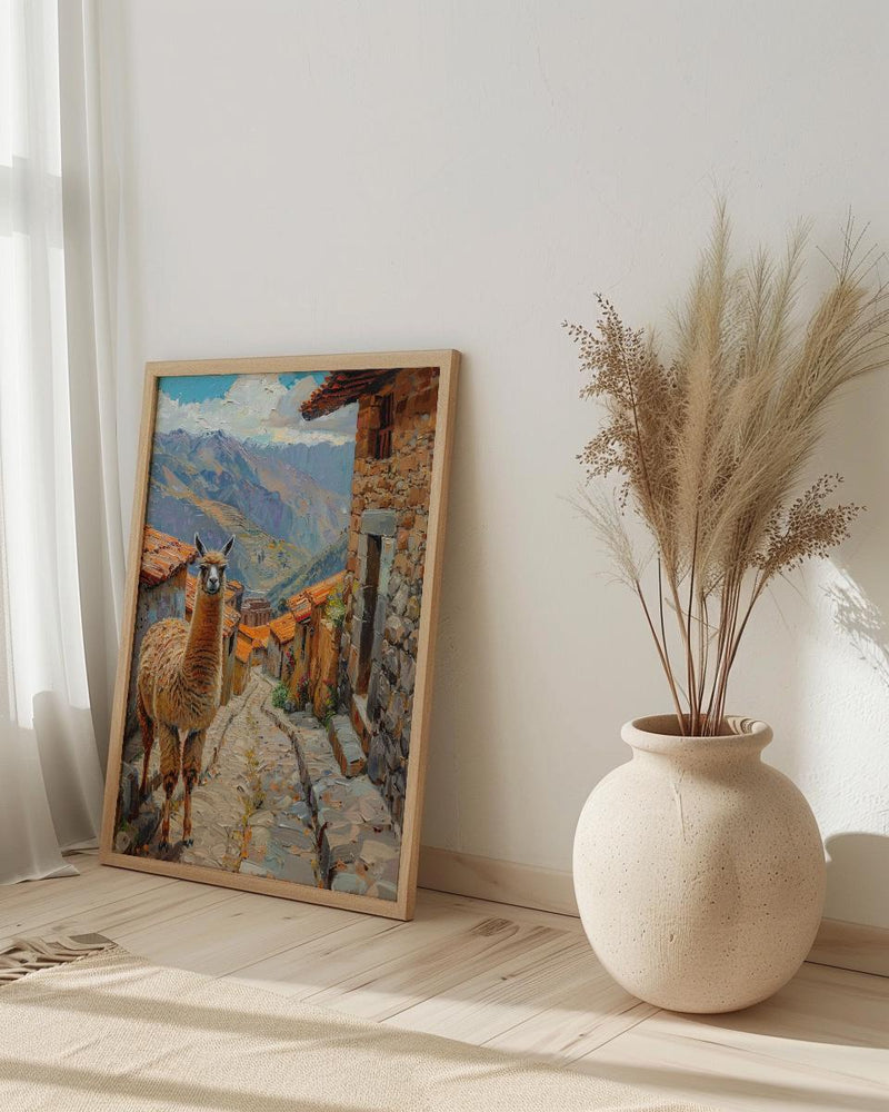 Peru Andes Mountains Oil Painting Poster, Alpaca Llama Art Print, Incan Village Wall Art, South America Decor, Impasto Landscape