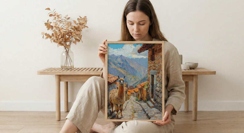 Peru Andes Mountains Oil Painting Poster, Alpaca Llama Art Print, Incan Village Wall Art, South America Decor, Impasto Landscape