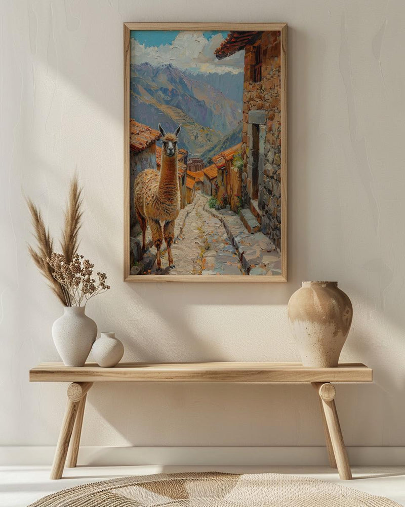 Peru Andes Mountains Oil Painting Poster, Alpaca Llama Art Print, Incan Village Wall Art, South America Decor, Impasto Landscape