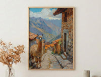 Peru Andes Mountains Oil Painting Poster, Alpaca Llama Art Print, Incan Village Wall Art, South America Decor, Impasto Landscape