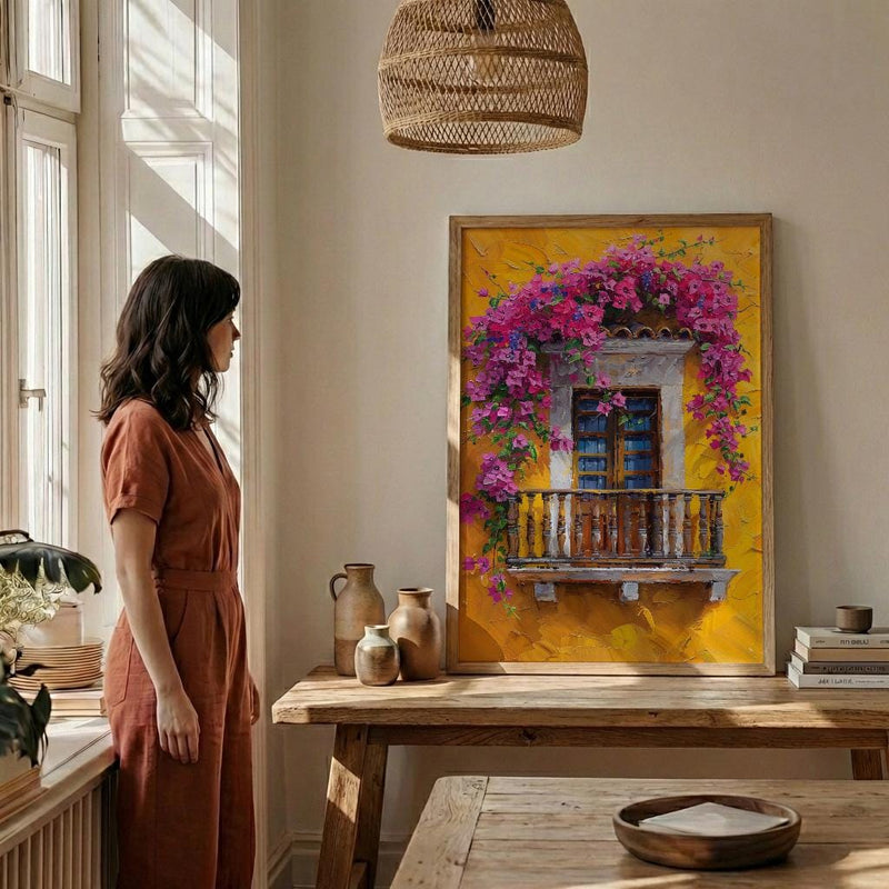 Cartagena Colombia Oil Painting Poster, Pink Bougainvillea Art Print, Yellow Wall Decor, Latin American Balcony Wall Art, Impasto Floral