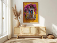 Cartagena Colombia Oil Painting Poster, Pink Bougainvillea Art Print, Yellow Wall Decor, Latin American Balcony Wall Art, Impasto Floral