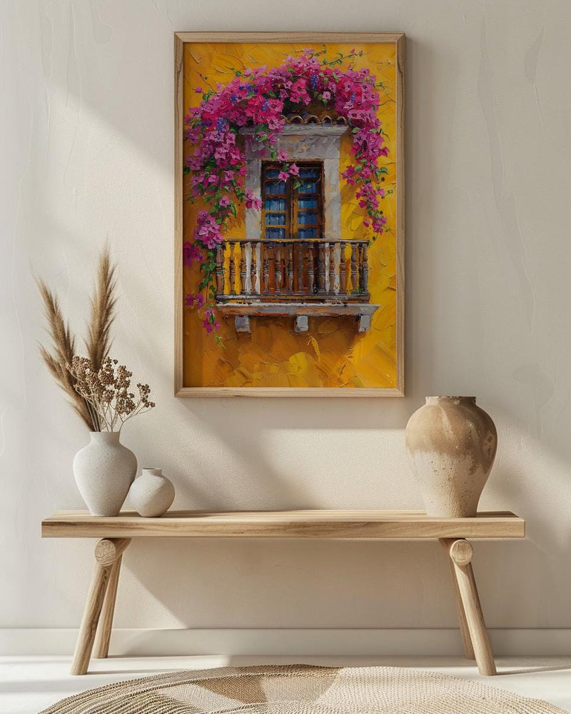 Cartagena Colombia Oil Painting Poster, Pink Bougainvillea Art Print, Yellow Wall Decor, Latin American Balcony Wall Art, Impasto Floral