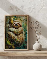 Smiling Sloth Oil Painting Poster, Rainforest Art Print, Cute Jungle Animal, South America Decor, Impasto Nursery Art