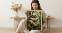 Smiling Sloth Oil Painting Poster, Rainforest Art Print, Cute Jungle Animal, South America Decor, Impasto Nursery Art