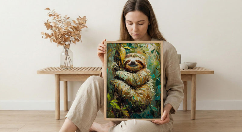 Smiling Sloth Oil Painting Poster, Rainforest Art Print, Cute Jungle Animal, South America Decor, Impasto Nursery Art