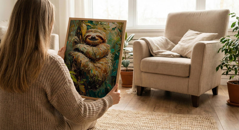 Smiling Sloth Oil Painting Poster, Rainforest Art Print, Cute Jungle Animal, South America Decor, Impasto Nursery Art
