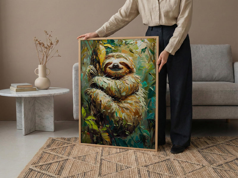 Smiling Sloth Oil Painting Poster, Rainforest Art Print, Cute Jungle Animal, South America Decor, Impasto Nursery Art