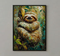 Smiling Sloth Oil Painting Poster, Rainforest Art Print, Cute Jungle Animal, South America Decor, Impasto Nursery Art