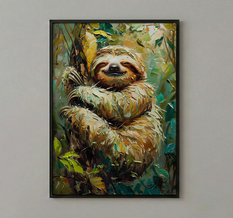 Smiling Sloth Oil Painting Poster, Rainforest Art Print, Cute Jungle Animal, South America Decor, Impasto Nursery Art