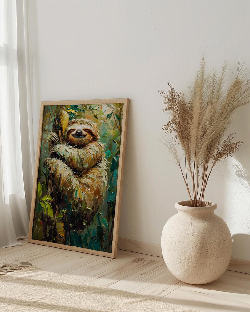 Smiling Sloth Oil Painting Poster, Rainforest Art Print, Cute Jungle Animal, South America Decor, Impasto Nursery Art