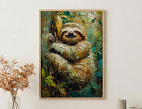 Smiling Sloth Oil Painting Poster, Rainforest Art Print, Cute Jungle Animal, South America Decor, Impasto Nursery Art