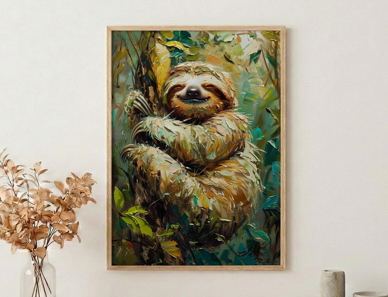 Smiling Sloth Oil Painting Poster, Rainforest Art Print, Cute Jungle Animal, South America Decor, Impasto Nursery Art