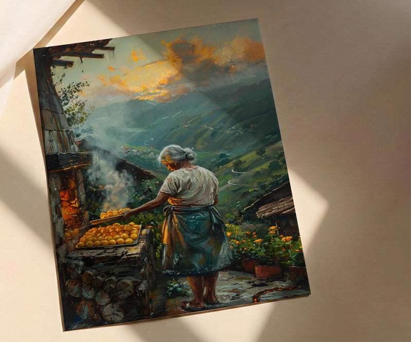 Brazilian Po de Queijo Oil Painting, Rustic Kitchen Art Print, Grandma Baking Wall Art, Minas Gerais Farmhouse Decor, Impasto Poster