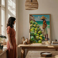 Ipanema Beach Brazil Oil Painting Poster, Coconut Vendor Art Print, Rio De Janeiro Wall Art, Tropical Summer Decor, Impasto Green Fruit