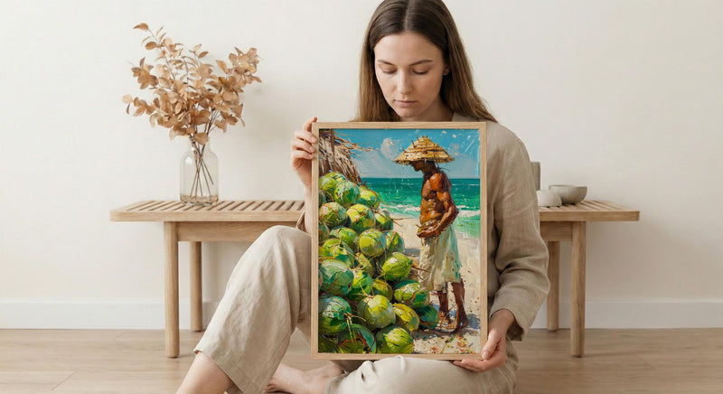 Ipanema Beach Brazil Oil Painting Poster, Coconut Vendor Art Print, Rio De Janeiro Wall Art, Tropical Summer Decor, Impasto Green Fruit