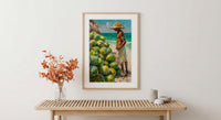 Ipanema Beach Brazil Oil Painting Poster, Coconut Vendor Art Print, Rio De Janeiro Wall Art, Tropical Summer Decor, Impasto Green Fruit
