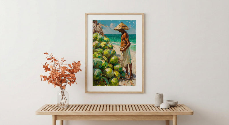 Ipanema Beach Brazil Oil Painting Poster, Coconut Vendor Art Print, Rio De Janeiro Wall Art, Tropical Summer Decor, Impasto Green Fruit
