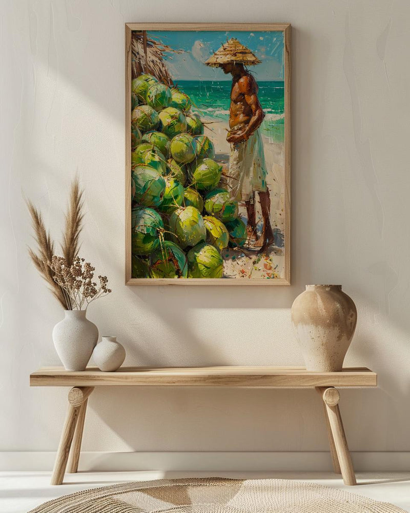 Ipanema Beach Brazil Oil Painting Poster, Coconut Vendor Art Print, Rio De Janeiro Wall Art, Tropical Summer Decor, Impasto Green Fruit