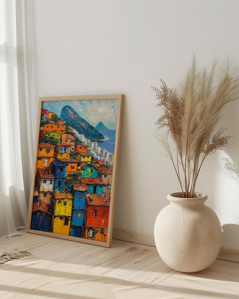 Rio De Janeiro Favela Painting, Brazil Cityscape Art Print, Sugarloaf Mountain Wall Art, Vibrant Slum Poster, Impasto Slopes Decor