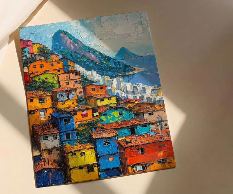 Rio De Janeiro Favela Painting, Brazil Cityscape Art Print, Sugarloaf Mountain Wall Art, Vibrant Slum Poster, Impasto Slopes Decor