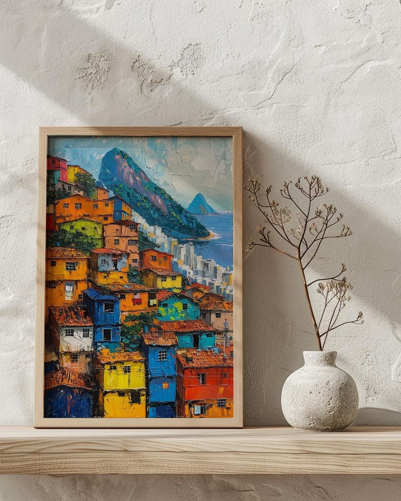 Rio De Janeiro Favela Painting, Brazil Cityscape Art Print, Sugarloaf Mountain Wall Art, Vibrant Slum Poster, Impasto Slopes Decor