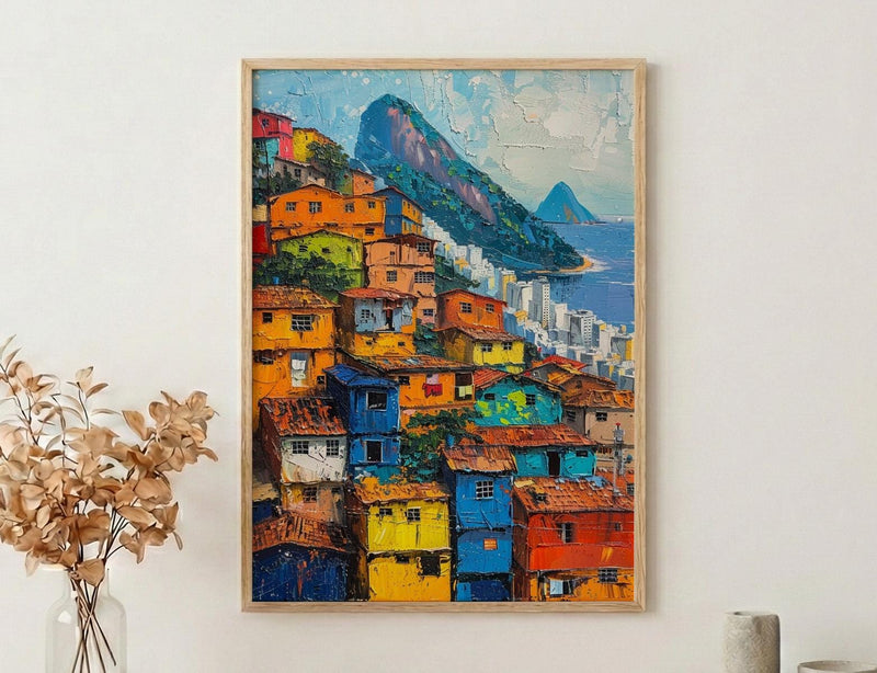 Rio De Janeiro Favela Painting, Brazil Cityscape Art Print, Sugarloaf Mountain Wall Art, Vibrant Slum Poster, Impasto Slopes Decor