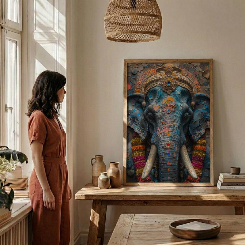 Elephant Art Print, Temple India Decor, Cultural Blessing, Impasto Oil Painting, Painted Elephant, Good Luck Gift, Baby Shower Gift