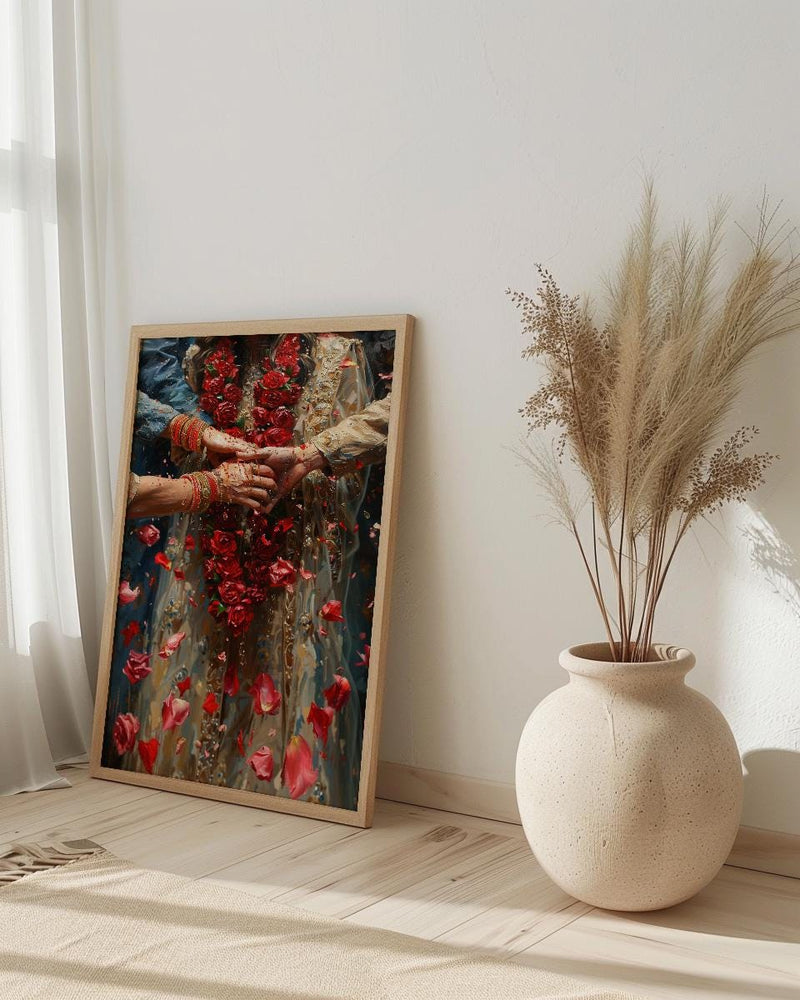 Indian Wedding Art, Varmala Ceremony, Red and Gold, Impasto Oil Painting, Cultural Couple, Anniversary Gift, Honeymoon Gift