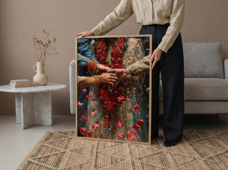 Indian Wedding Art, Varmala Ceremony, Red and Gold, Impasto Oil Painting, Cultural Couple, Anniversary Gift, Honeymoon Gift