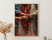 Indian Wedding Art, Varmala Ceremony, Red and Gold, Impasto Oil Painting, Cultural Couple, Anniversary Gift, Honeymoon Gift
