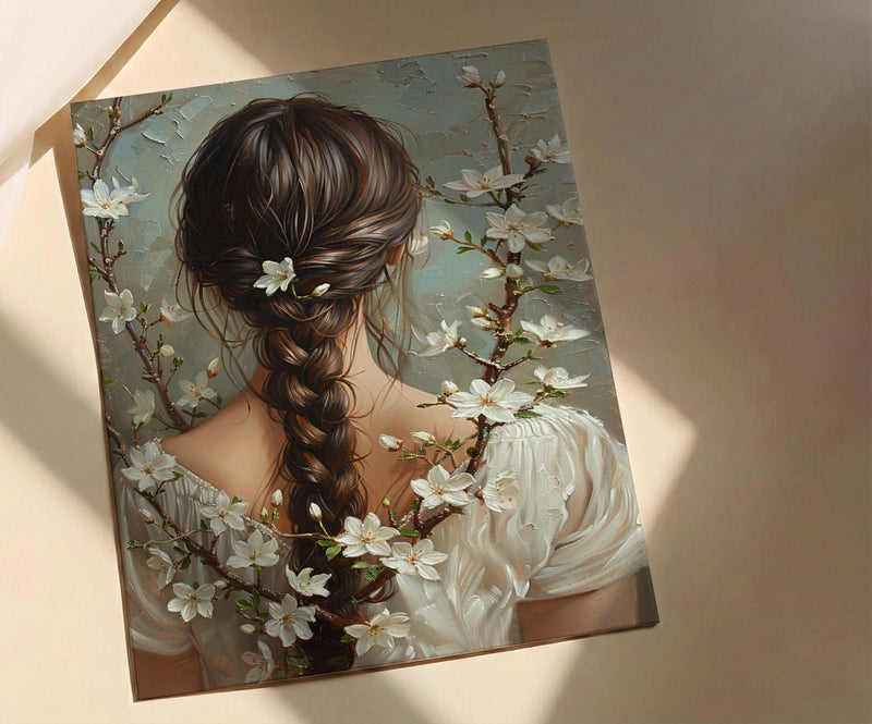 Jasmine Flower Art, Indian Braid Print, Cultural Beauty, Impasto Oil Painting, Hair Decor, White Flowers, Anniversary Gift